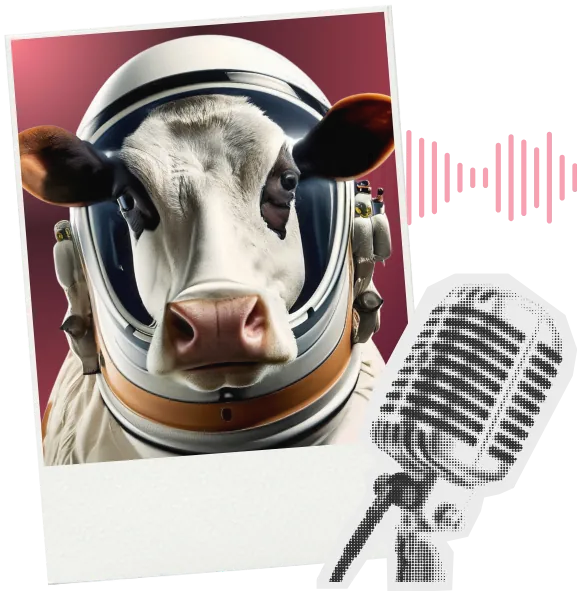 Dairy cow in astronaut helmet with microphone illustration
