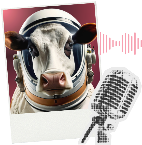 Dairy cow in astronaut helmet with microphone illustration